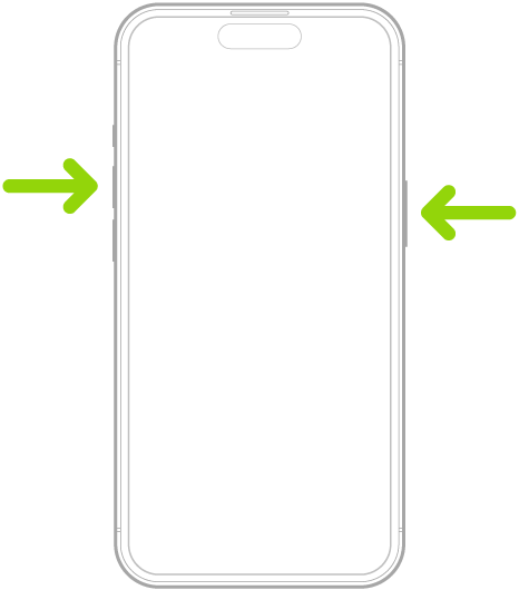 En iPhone med Face ID. Én pil peker på sideknappen og en annen pil peker på volum opp-knappen for å vise hvordan man tar et skjermbilde.