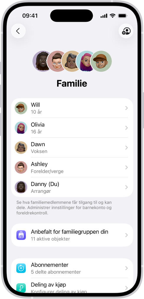Familiedeling-skjermen i Innstillinger. Fem familiemedlemmer er oppført. Under navnene deres vises det en familiesjekkliste og under der igjen vises alternativer for abonnementer og kjøpsdeling.