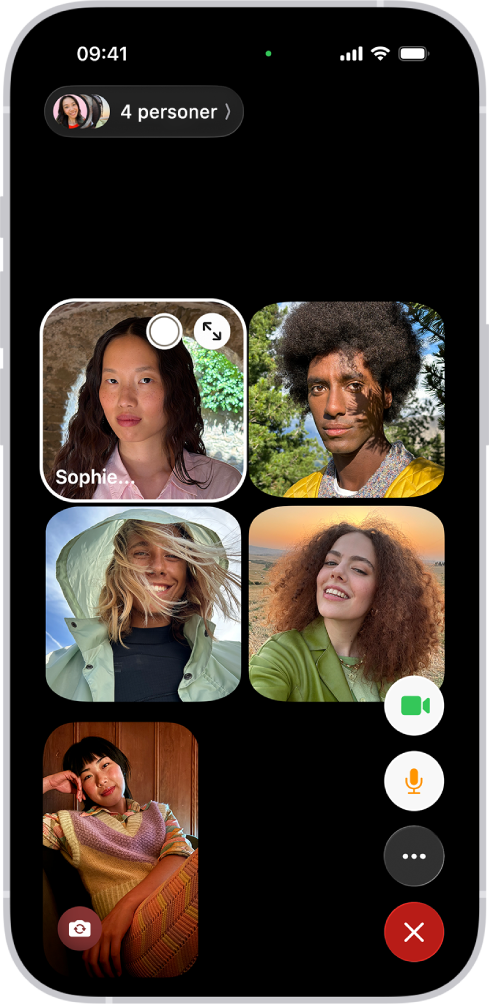 En gruppesamtale i FaceTime med fem deltakere. Hver deltaker vises i en egen rute. FaceTime-kontrollene er nederst til høyre på skjermen.