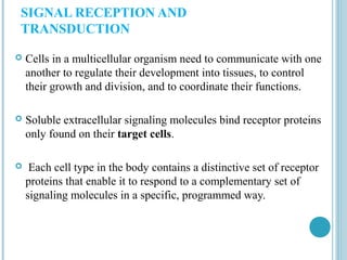 SIGNAL RECEPTION AND
TRANSDUCTION


Cells in a multicellular organism need to communicate with one
another to regulate their development into tissues, to control
their growth and division, and to coordinate their functions.



Soluble extracellular signaling molecules bind receptor proteins
only found on their target cells.



Each cell type in the body contains a distinctive set of receptor
proteins that enable it to respond to a complementary set of
signaling molecules in a specific, programmed way.

 