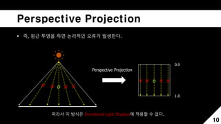 Perspective Projection
 즉, 원근 투영을 하면 논리적인 오류가 발생한다.
10
따라서 이 방식은 Directional Light Shadow에 적용할 수 없다.
Perspective Projection
0.0
1.0
X X X X
O
O
 