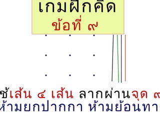 เกมฝึกคิด
ข้อที่ ๙
ช้เส้น ๔ เส้น ลากผ่านจุด ๙
ห้ามยกปากกา ห้ามย้อนทาง
 