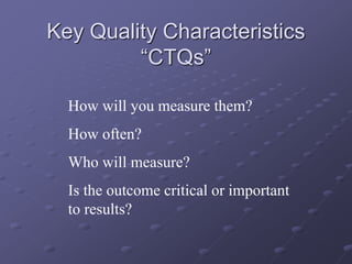 Key Quality Characteristics
“CTQs”
How will you measure them?
How often?
Who will measure?
Is the outcome critical or important
to results?
 