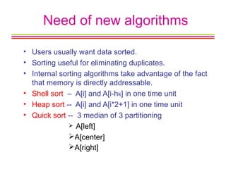 Need of new algorithms
• Users usually want data sorted.
• Sorting useful for eliminating duplicates.
• Internal sorting algorithms take advantage of the fact
that memory is directly addressable.
• Shell sort – A[i] and A[i-hk] in one time unit
• Heap sort -- A[i] and A[i*2+1] in one time unit
• Quick sort -- 3 median of 3 partitioning
 A[left]
A[center]
A[right]
 