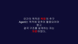 인간의 목적은 욕망의 추구
Agent는 목적에 맞추어 활용되어야
했고
결국 구조를 설계하는 자는
자본이었다.
 