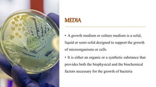 • A growth medium or culture medium is a solid,
liquid or semi-solid designed to support the growth
of microorganisms or cells
• It is either an organic or a synthetic substance that
provides both the biophysical and the biochemical
factors necessary for the growth of bacteria
 