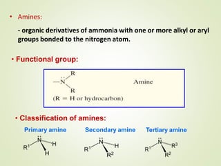 • Amines:
- organic derivatives of ammonia with one or more alkyl or aryl
groups bonded to the nitrogen atom.
• Functional group:
• Classification of amines:
Primary amine Secondary amine Tertiary amine
 