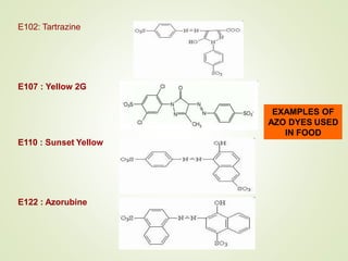E102: Tartrazine
E107 : Yellow 2G
E110 : Sunset Yellow
E122 : Azorubine
EXAMPLES OF
AZO DYES USED
IN FOOD
 