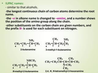 • IUPAC names:
- similar to that alcohols.
-the longest continuous chain of carbon atoms determine the root
name.
-the –e in alkane name is changed to –amine, and a number shows
the position of the amino group along the chain.
-other substituents on the carbon chain are given numbers, and
the prefix N- is used for each substituent on nitrogen.
CH3 CH2 CH CH3
NH2
CH3
CH3 CH CH2CH2
NH2
CH3 CH2 CH CH3
NHCH3
CH3 CH3
CH3 CH2 CH CH CH CH3
N CH3
CH3
2,4, N, N-tetramethyl-3-hexanamine
2-butanamine
23 14 1234
3-methyl-1-butanamine
1234
N-methyl-2-butanamine
 