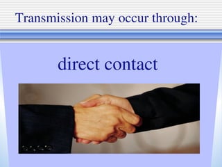Transmission may occur through:
direct contact