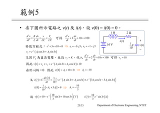 範例5
• 求下圖所示電路之 v(t) 及 i(t)，設 v(0) = i(0) = 0。
特徵方程式：
由於 v(0) = 0 因此
因此
又
故
又因 Vs 為直流電壓，故設 ，代入 可得
1H 2 Ω
1
10
F
+
−
v t( )
i t( )
10 V
2
2
sVd v R dv v
dt L dt LC LC
+ + =
2
2 10 100
d v dv
v
dt dt
+ + =
2
3 10 0s s+ + = 2 1 3s j= − −1 1+ 3s j= −
2
2 10 100
d v dv
v
dt dt
+ + =
( )1 2cos3 sin3t
nv e A t A t−
= +
10fv =
( ) ( )1 2sin3 cos3 10t
n fv t v v e A t A t−
= + = + +
fv K=
2 10A = −( ) 20 10 0v A= + =
( ) [ ]2 1
1
0 3 0
10
i A A= − + =
( )
( )
( ) ( )1 2 1 2
1
sin3 cos3 3 cos3 3 sin3
10
t tdv t
i t C e A t A t e A t A t
dt
− −
 = = − + + − 
1
10
3
A = −
( ) ( )
10
10 sin3 10cos3
3
t
v t e t t−  
= − + 
 
Ｖ ( ) ( )
10
sin3
3
t
i t e t−
= Ａ
可得
⇒ ,
⇒
⇒
Department of Electronic Engineering, NTUT25/33
 