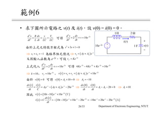 範例6
• 求下圖所示電路之 v(t) 及 i(t)，設 v(0) = i(0) = 0。
由於上式之特徵方程式為
為臨界阻尼情況
因此
由於 可得
10e−2t
1H 2 Ω
1 F
+
−
v t( )
i t( )
+
−
2
2
sVd v R dv v
dt L dt LC LC
+ + =
2
2
2
2 10 td v dv
v e
dt dt
−
+ + =
1 2 1s s= = −
2
3 1 0s s+ + =
( )1 2
t
nv At A e−
= +
又因輸入函數為 e–2t，可設 2t
fv Ke−
=
上式代入 可得
2
2
2
2 10 td v dv
v e
dt dt
−
+ + = 2 2 2 2
4 4 10t t t t
Ke Ke Ke e− − − −
− + =
2
10 t
fv e−
=10k = ( ) ( ) 2
1 2 10t t
n fv t v v At A e e− −
= + = + +
2 10A = −( ) 20 10 0v A= + =( )0 0v =
( ) ( )
( ) 2
1 1 2 20t t tdv t i t
Ae At A e e
dt C
− − −
= = − + −
( ) ( )
1 2
0 0
20 0
dv i
A A
dt dt
= = − − = 1 10A =
( )
( )
( ) ( )2 2
10 10 10 20 10 20 20t t t t t tdv t
i t C t e e e te e e
dt
− − − − − −
= = − − + − = − + − Ａ
( ) ( ) ( )2
10 10 10t t
v t t e e− −
= − + Ｖ
可得
⇒ ⇒
⇒ , ,
⇒
⇒ ⇒
Department of Electronic Engineering, NTUT26/33
 