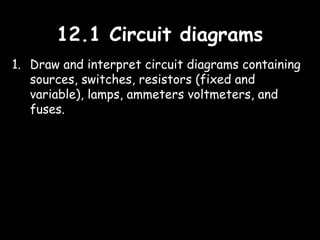 12.1 Circuit diagrams12.1 Circuit diagrams
1. Draw and interpret circuit diagrams containing
sources, switches, resistors (fixed and
variable), lamps, ammeters voltmeters, and
fuses.