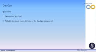 DevOps
Questions
1. What aims DevOps?
2. What is the main characteristic of the DevOps movement?
DevOps 01 Introduction
DevOps Process
M.M. Heegstra
 