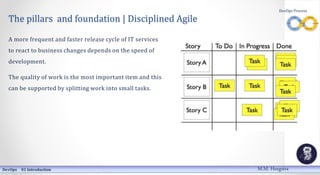 The pillars and foundation | Disciplined Agile
A more frequent and faster release cycle of IT services
to react to business changes depends on the speed of
development.
The quality of work is the most important item and this
can be supported by splitting work into small tasks.
DevOps 01 Introduction
DevOps Process
M.M. Heegstra
 