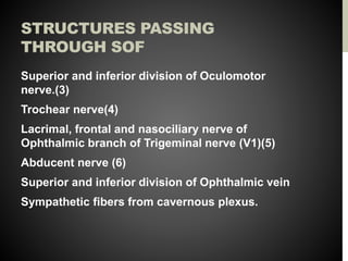 STRUCTURES PASSING
THROUGH SOF
Superior and inferior division of Oculomotor
nerve.(3)
Trochear nerve(4)
Lacrimal, frontal and nasociliary nerve of
Ophthalmic branch of Trigeminal nerve (V1)(5)
Abducent nerve (6)
Superior and inferior division of Ophthalmic vein
Sympathetic fibers from cavernous plexus.
 