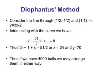 Diophantus’ Method
• Consider the line through (1/2,-1/2) and (1,1) =>
y=3x-2
• Intersecting with the curve we have:
• Thus ½ + 1 + x = 51/2 or x = 24 and y=70
• Thus if we have 4900 balls we may arrange
them in either way
3 2
51
... 0
2
x x
  
 