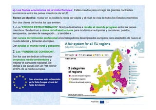 e)- Los fondos económicos de la Unión Europea: Están creados para corregir los grandes contrastes
económicos entre los países miembros de la UE.
Tienen un objetivo: nivelar en lo posible la renta per cápita y el nivel de vida de todos los Estados miembros
Son dos clases de fondos los que existen:
1.- Los “FONDOS ESTRUCTURALES”. Son los destinados a nivelar el nivel de progreso entre los países
miembros. Se destinan a obras de infraestructuras para modernizar autopistas y carreteras, puertos,
aeropuertos, canales de navegación… y también a :
Dar cursos de formación profesional a los trabajadores desempleados europeos para adaptarlos de nuevo al
mundo laboral y fomentar el empleo.
Dar ayudas al mundo rural y pesquero.
2. Los “FONDOS DE COHESION”.-
Son los que se dedican a financiar
proyectos medio-ambientales y
mejorar el transporte nacional. Se
otorga a los países con un PIB inferior
al 90% de la media europea.
 