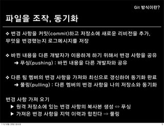 Git 방식이란?


   파일을 조작, 동기화
   ❖ 변경 사항을 커밋(commit)하고 저장소에 새로운 리비전을 추가,
   무엇을 변경했는지 로그메시지를 저장


   ❖ 바뀐 내용을 다른 개발자가 이용하게 하기 위해서 변경 사항을 공유
           ➜ 푸싱(pushing) : 바뀐 내용을 다른 개발자와 공유


   ❖ 다른 팀 멤버의 변경 사항을 가져와 최신으로 갱신하여 동기화 완료
           ➜ 풀링(pulling) : 다른 멤버의 변경 사항을 나의 저장소와 동기화


   변경 사항 가져 오기
    ▶ 원격 저장소에 있는 변경 사항의 복사본 생성 ⇔ 푸싱
    ▶ 가져온 변경 사항을 지역 이력과 합친다 ⇒ 풀링
11년	 8월	 28일	 일요일                                          9
 