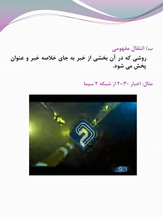 ‫ﺏ‬(‫ﺍﻧﺘﻘﺎﻝ‬‫ﻣﻔﻬﻮﻣﻲ‬
‫ﺭﻭﺷﻲ‬‫ﻛﻪ‬‫ﺩﺭ‬‫ﺁﻥ‬‫ﺑﺨﺸﻲ‬‫ﺍﺯ‬‫ﺧﺒﺮ‬‫ﺑﻪ‬‫ﺟﺎﻱ‬‫ﺧﻼﺻﻪ‬‫ﺧﺒﺮ‬‫ﻭ‬‫ﻋﻨﻮﺍﻥ‬
‫ﭘﺨﺶ‬‫ﻣﻲ‬‫ﺷﻮﺩ‬.
‫ﻣﺜﺎﻝ‬:‫ﺍﺧﺒﺎﺭ‬20:30‫ﺍﺯ‬‫ﺷﺒﻜﻪ‬2‫ﺳﻴﻤﺎ‬
 