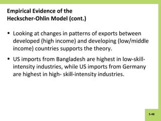 5-48
Empirical Evidence of the
Heckscher-Ohlin Model (cont.)
• Looking at changes in patterns of exports between
developed (high income) and developing (low/middle
income) countries supports the theory.
• US imports from Bangladesh are highest in low-skill-
intensity industries, while US imports from Germany
are highest in high- skill-intensity industries.
 