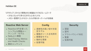 リアクティブ・スタイルで開発された軽量なマイクロフレームワーク
• 少ないスレッドで多くのコネクションをハンドル
• メモリー管理やコンテキスト・スイッチ等のオーバーヘッドを削減
Helidon SE
14
Security
● 認証
● 認可
● アウトバウンド対応
● 監査
● 拡張可能
Config
● 柔軟性の高い型付き設
定モデル
● 複数のソースを利用可
● 階層型モデル
● 動的な更新
● 拡張可能
Reactive Web Server
● Reactive APIを使った
シンプルな関数ルー
ティング・モデル
● Netty上に構築
● OpenTracing, Metrics
and Health Checks
● 静的コンテンツ
Helidon SE
Copyright © 2021, Oracle and/or its affiliates
 