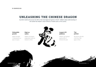 04ADVANTAGEASIA
PRESENTEDBYInMobi 2016YEARINREVIEW 19
UNLEASHINGTHECHINESEDRAGON
By2020,mobilewillaccountfor84%ofthetotaldigitaladspendinChina[9]
.InMobi’sdeepunderstandingof
themarkethashelpeditreachmillionsofmobileusersinthecountry.
Unbeatable
growth
InMobirecorded
15-foldgrowthina
spanof4years
Highon
native
InMobiisthelargest
independentnativead
networkinChina
LargestiOS
platform
InMobi’svastnetwork
reaches80%of
ChineseiOSusers
Top
partner
Wepartnerwith80%
oftheTop1000
appsinChina
 