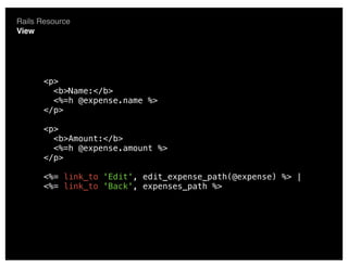 Rails Resource
View




       <p>
         <b>Name:</b>
         <%=h @expense.name %>
       </p>

       <p>
         <b>Amount:</b>
         <%=h @expense.amount %>
       </p>

       <%= link_to 'Edit', edit_expense_path(@expense) %> |
       <%= link_to 'Back', expenses_path %>
 
