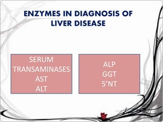 ENZYMES IN DIAGNOSIS OF
LIVER DISEASE
SERUM
TRANSAMINASES
AST
ALT
ALP
GGT
5’NT
 