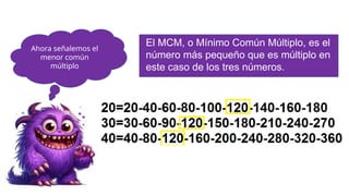 Ahora señalemos el
menor común
múltiplo
El MCM, o Mínimo Común Múltiplo, es el
número más pequeño que es múltiplo en
este caso de los tres números.