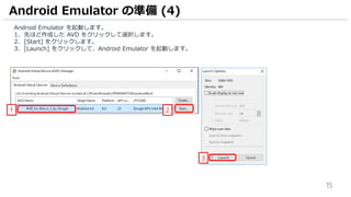 15
Android Emulator を起動します。
1. 先ほど作成した AVD をクリックして選択します。
2. [Start] をクリックします。
3. [Launch] をクリックして、Android Emulator を起動します。
Android Emulator の準備 (4)
21
3
 