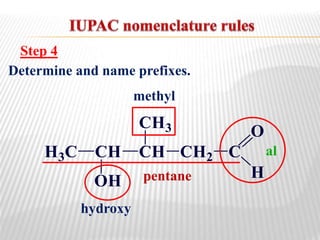 Step 4
Determine and name prefixes.
pentane
methyl
al
hydroxy