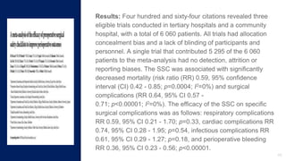 46
Results: Four hundred and sixty-four citations revealed three
eligible trials conducted in tertiary hospitals and a community
hospital, with a total of 6 060 patients. All trials had allocation
concealment bias and a lack of blinding of participants and
personnel. A single trial that contributed 5 295 of the 6 060
patients to the meta-analysis had no detection, attrition or
reporting biases. The SSC was associated with significantly
decreased mortality (risk ratio (RR) 0.59, 95% confidence
interval (CI) 0.42 - 0.85; p=0.0004; I2=0%) and surgical
complications (RR 0.64, 95% CI 0.57 -
0.71; p<0.00001; I2=0%). The efficacy of the SSC on specific
surgical complications was as follows: respiratory complications
RR 0.59, 95% CI 0.21 - 1.70; p=0.33, cardiac complications RR
0.74, 95% CI 0.28 - 1.95; p=0.54, infectious complications RR
0.61, 95% CI 0.29 - 1.27; p=0.18, and perioperative bleeding
RR 0.36, 95% CI 0.23 - 0.56; p<0.00001.
 