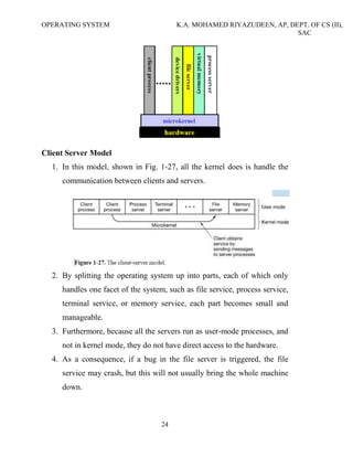 OPERATING SYSTEM K.A. MOHAMED RIYAZUDEEN, AP, DEPT. OF CS (II),
SAC
24
Client Server Model
1. In this model, shown in Fig. 1-27, all the kernel does is handle the
communication between clients and servers.
2. By splitting the operating system up into parts, each of which only
handles one facet of the system, such as file service, process service,
terminal service, or memory service, each part becomes small and
manageable.
3. Furthermore, because all the servers run as user-mode processes, and
not in kernel mode, they do not have direct access to the hardware.
4. As a consequence, if a bug in the file server is triggered, the file
service may crash, but this will not usually bring the whole machine
down.
 