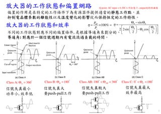 放大器的工作狀態和偏置網路放大器的工作狀態和偏置網路放大器的工作狀態和偏置網路放大器的工作狀態和偏置網路
放大器的工作狀態和效率放大器的工作狀態和效率放大器的工作狀態和效率放大器的工作狀態和效率
偏置的作用是在特定的工作條件下為有源器件提供適當的靜態工作點靜態工作點靜態工作點靜態工作點，並
抑制電晶體參數的離散性抑制電晶體參數的離散性抑制電晶體參數的離散性抑制電晶體參數的離散性以及溫度變化的影響溫度變化的影響溫度變化的影響溫度變化的影響從而保持恒定的工作特性保持恒定的工作特性保持恒定的工作特性保持恒定的工作特性。
信號失真較大
要push-pull工作
信號失真最大
效率最高
信號失真大
要push-pull工作
信號失真最小
功率小, 效率低
不同的工作狀態對應不同的偏置條件, 是根據導通角來劃分的。
導通角導通角導通角導通角: 對應於一個信號週期內有電流流過負載的時間對應於一個信號週期內有電流流過負載的時間對應於一個信號週期內有電流流過負載的時間對應於一個信號週期內有電流流過負載的時間。
Class A: 360A
°
Θ = Class B: 180B
°
Θ = Class AB: 180 360AB
° °
< Θ < Class C: 0 180C
° °
< Θ <
100%RF
s
P
P
η = × =
0 0
0 0
0
sin
2 2sin cos
2 2
η
Θ − Θ
=
 Θ Θ    
− Θ    
    
Q point: AC input = 0, DC工作狀態下, output的特性曲線
2
 