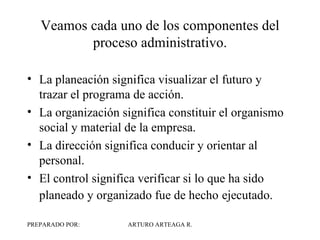 Veamos cada uno de los componentes del proceso administrativo. La planeación significa visualizar el futuro y trazar el programa de acción. La organización significa constituir el organismo social y material de la empresa. La dirección significa conducir y orientar al personal. El control significa verificar si lo que ha sido planeado y organizado fue de hecho   ejecutado. 