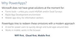 Why PowerApps?
 Forms tools – unless you count InfoPath and/or Excel Surveys
 Rapid App Development environment
 Mobile app story for information workers
Microsoft does not have great solutions at the moment for:
PowerApps tries to redeem these omissions with a modern approach
 A tool for power users to quickly design and build apps around data
 Works in mobile, works in the browser
Cloud first, Mobile firstWifi first,
 