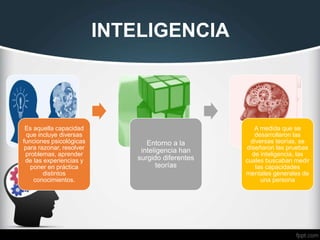 INTELIGENCIA
Es aquella capacidad
que incluye diversas
funciones psicológicas
para razonar, resolver
problemas, aprender
de las experiencias y
poner en práctica
distintos
conocimientos.
Entorno a la
inteligencia han
surgido diferentes
teorías
A medida que se
desarrollaron las
diversas teorías, se
diseñaron las pruebas
de inteligencia, las
cuales buscaban medir
las capacidades
mentales generales de
una persona
 