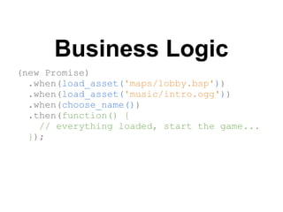 Business Logic
(new Promise)
  .when(load_asset('maps/lobby.bsp'))
  .when(load_asset('music/intro.ogg'))
  .when(choose_name())
  .then(function() {
    // everything loaded, start the game...
  });
 