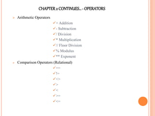 CHAPTER2 CONTINUES…- OPERATORS
 Arithmetic Operators
+ Addition
- Subtraction
/ Division
* Multiplication
// Floor Division
% Modulus
** Exponent
 Comparison Operators (Relational)
==
!=
<>
>
<
>=
<=
 