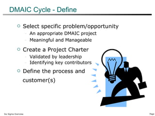 DMAIC Cycle - Define Select specific problem/opportunity An appropriate DMAIC project  Meaningful and Manageable Create a Project Charter Validated by leadership Identifying key contributors Define the process and  customer(s) 