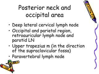 Posterior neck and
      occipital area
• Deep lateral cervical lymph node
• Occipital and parietal region,
  retroauricular lymph node and
  parotid LN
• Upper trapezius m (in the direction
  of the supraclavicular fossa)
• Paravertebral lymph node
 