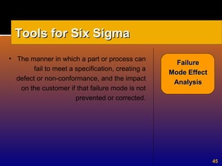 45
• The manner in which a part or process can
fail to meet a specification, creating a
defect or non-conformance, and the impact
on the customer if that failure mode is not
prevented or corrected.
Tools for Six SigmaTools for Six Sigma
FailureFailure
Mode EffectMode Effect
AnalysisAnalysis
 