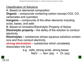 Classification of Solutions A. Based on elemental composition Organic  – compounds containing carbon (except CO2, CO, carbonates and cyanides) Inorganic –  compounds of the other elements including acids, bases, and salts B. Based on Ionization/Electrolytic Property of Solute Electrolytic property –  the ability of the solution to conduct electricity Electrolytes –  substances whose aqueous solutions contain ions and thus conduct electricity strong electrolytes   – substances which completely dissociates into ions  e.g.  salts, strong acids, strong bases NaCl  ->  Na+ (aq)  +  Cl- (aq) 