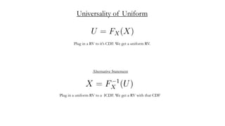 Universality of Uniform
Plug in a RV to it’s CDF. We get a uniform RV.
Alternative Statement
Plug in a uniform RV to a ICDF. We get a RV with that CDF
 