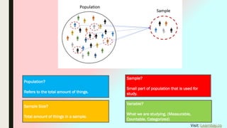 Population?
Refers to the total amount of things.
Sample?
Small part of population that is used for
study.
Sample Size?
Total amount of things in a sample.
Variable?
What we are studying. (Measurable,
Countable, Categorized)
Visit: Learnbay.co
 