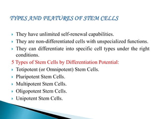  They have unlimited self-renewal capabilities.
 They are non-differentiated cells with unspecialized functions.
 They can differentiate into specific cell types under the right
conditions.
5 Types of Stem Cells by Differentiation Potential:
 Totipotent (or Omnipotent) Stem Cells.
 Pluripotent Stem Cells.
 Multipotent Stem Cells.
 Oligopotent Stem Cells.
 Unipotent Stem Cells.
 
