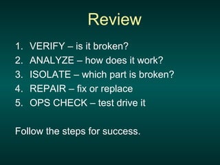 Review
1. VERIFY – is it broken?
2. ANALYZE – how does it work?
3. ISOLATE – which part is broken?
4. REPAIR – fix or replace
5. OPS CHECK – test drive it
Follow the steps for success.
 