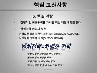 핵심 고려사항
             5. 핵심 역량
    결정적인 비교우위를 가져올 핵심 역량에 집중한다

    핵심역량 이외의 것은
     중요한 것은 전략적 제휴 (STRATEGICAL ALLIANCE)
     그렇지 않으면, 구매(OUTSOURCING)




         “남들이 할수 있는것은 하지 않는다.”
         “돈으로 남의 시간을 사라”
         “모든 것을 다 하려 하지 말라.”
         “자신이 가장 잘 할 수 있는 것만 한다.”
                    lee,minhwa               33
 