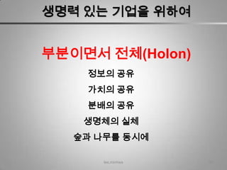 생명력 있는 기업을 위하여


부분이면서 전체(Holon)
    정보의 공유
    가치의 공유
    분배의 공유
    생명체의 실체
   숲과 나무를 동시에

       lee,minhwa   52
 